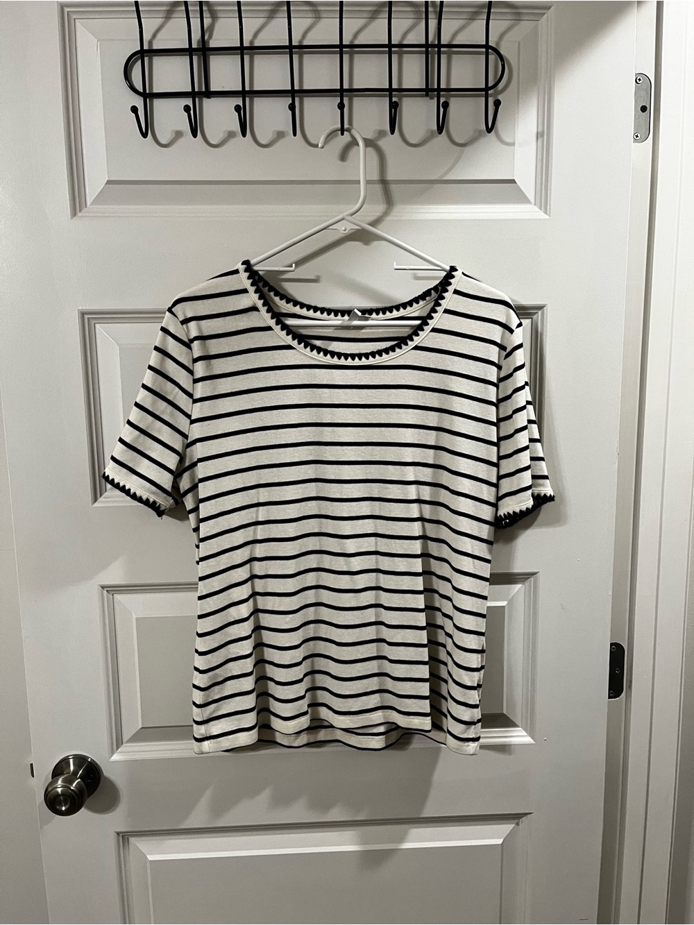 Cato Black & White Striped Short Sleeve Tee with Scallop Trim